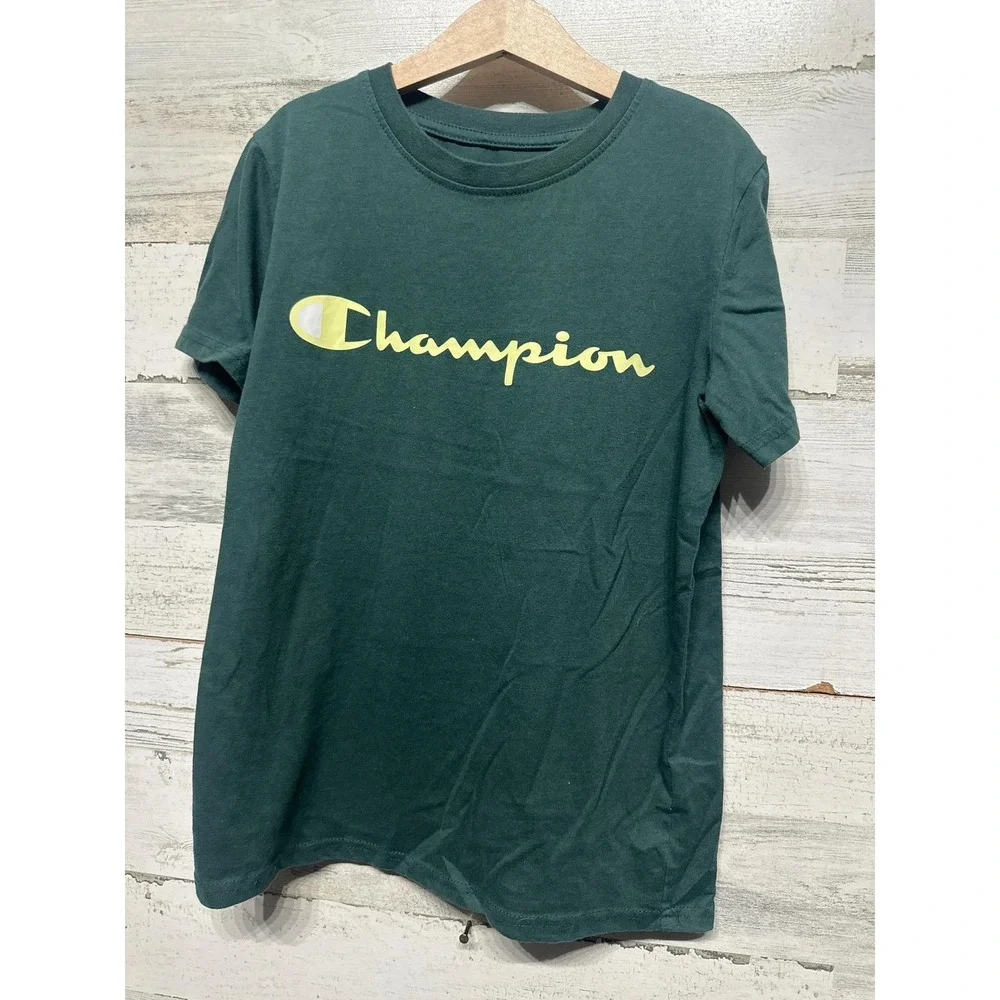 Champion T-Shirt Boys Medium‎ Dark Green Graphic Logo Sportswear Athletic EUC